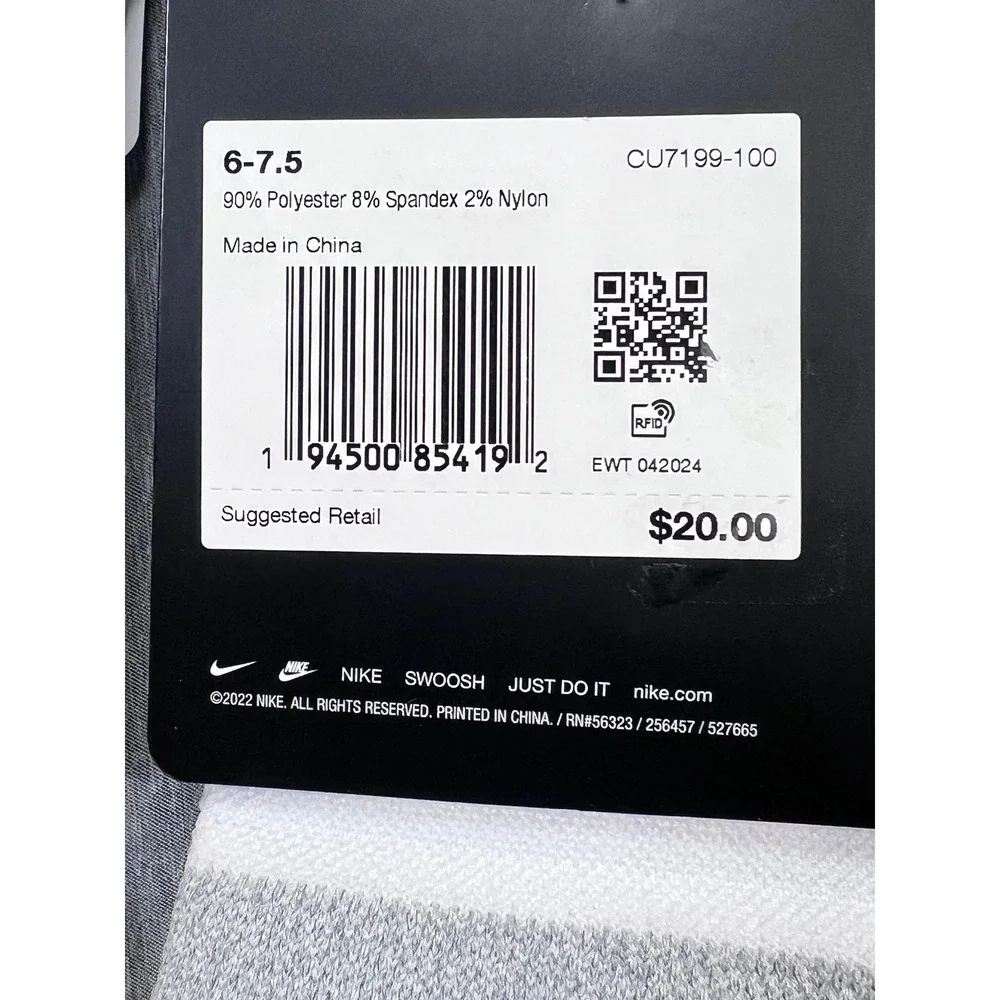 3 Nike Spark Running Ankle Socks White Grey Dri-FIT Cushioned M 6-7.5 W 7.5-9‎